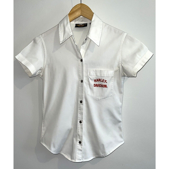 Harley Davidson Short Sleeve Stretchy Top Button Collared Shirt White Red Sz XS - Picture 1 of 6